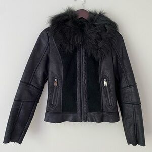 Via Spiga Black Leather Jacket with Faux Fur Collar